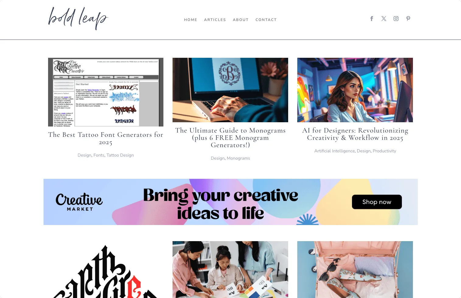 Bold Leap’s old article grid: post cards with serif titles and category tags in rows of three, with a banner ad between the rows