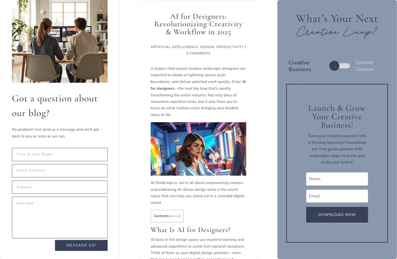 Three phone screens from Bold Leap’s old WordPress build: a contact form, an article with a contents toggle, and a guide download form